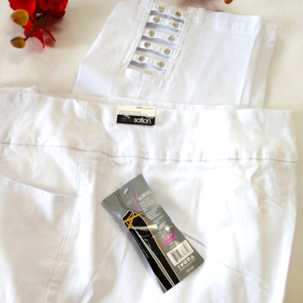 NEW 22W Pants Tummy Control Flex White Stretch Slim Sation Crop Lattice Cut-outs